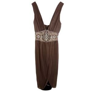 NWT Mandalay Stone Brown Silk Beaded Embellished Midi Evening Dress Women Size 6